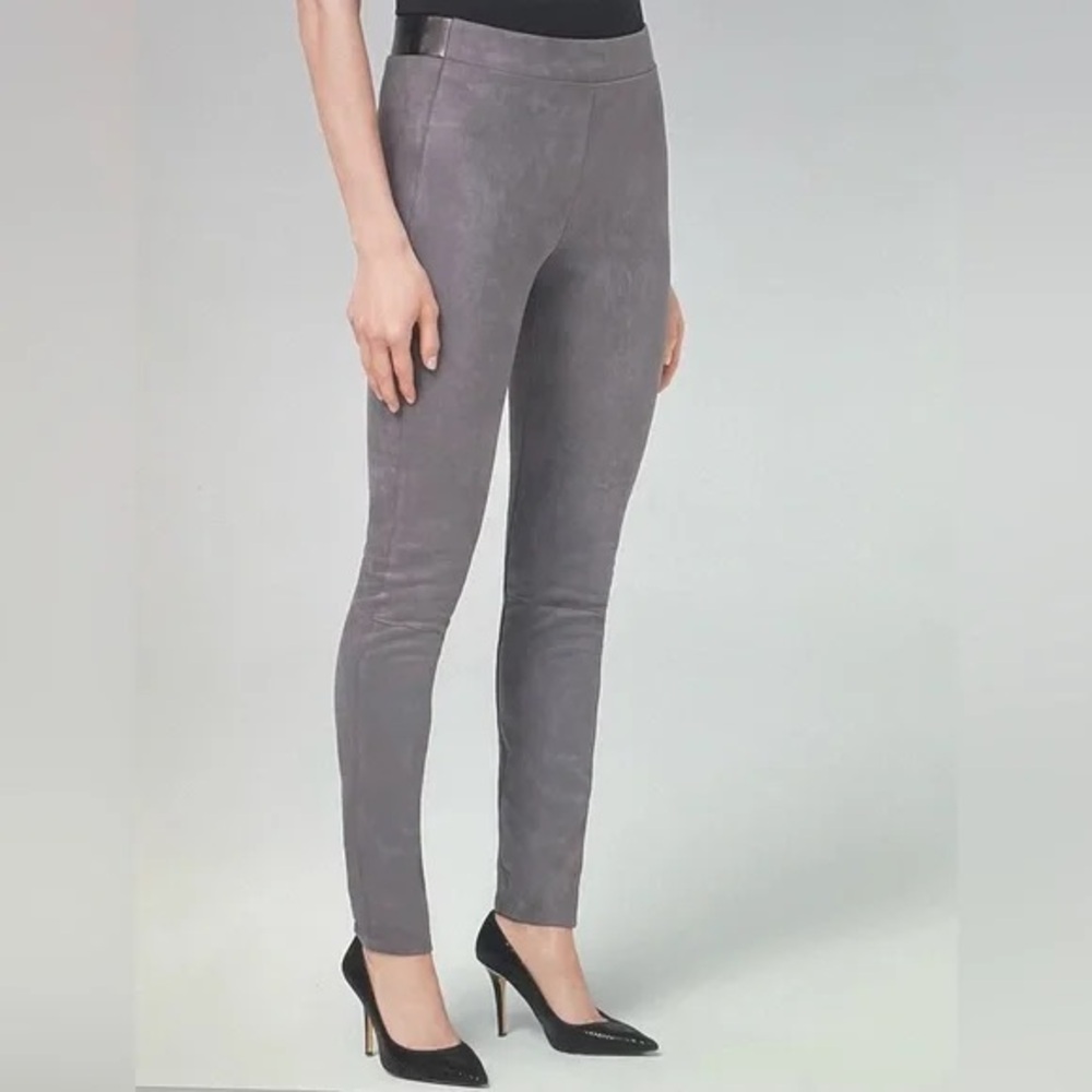 White House Black Market grey ultra suede leggings faux black leather waistband